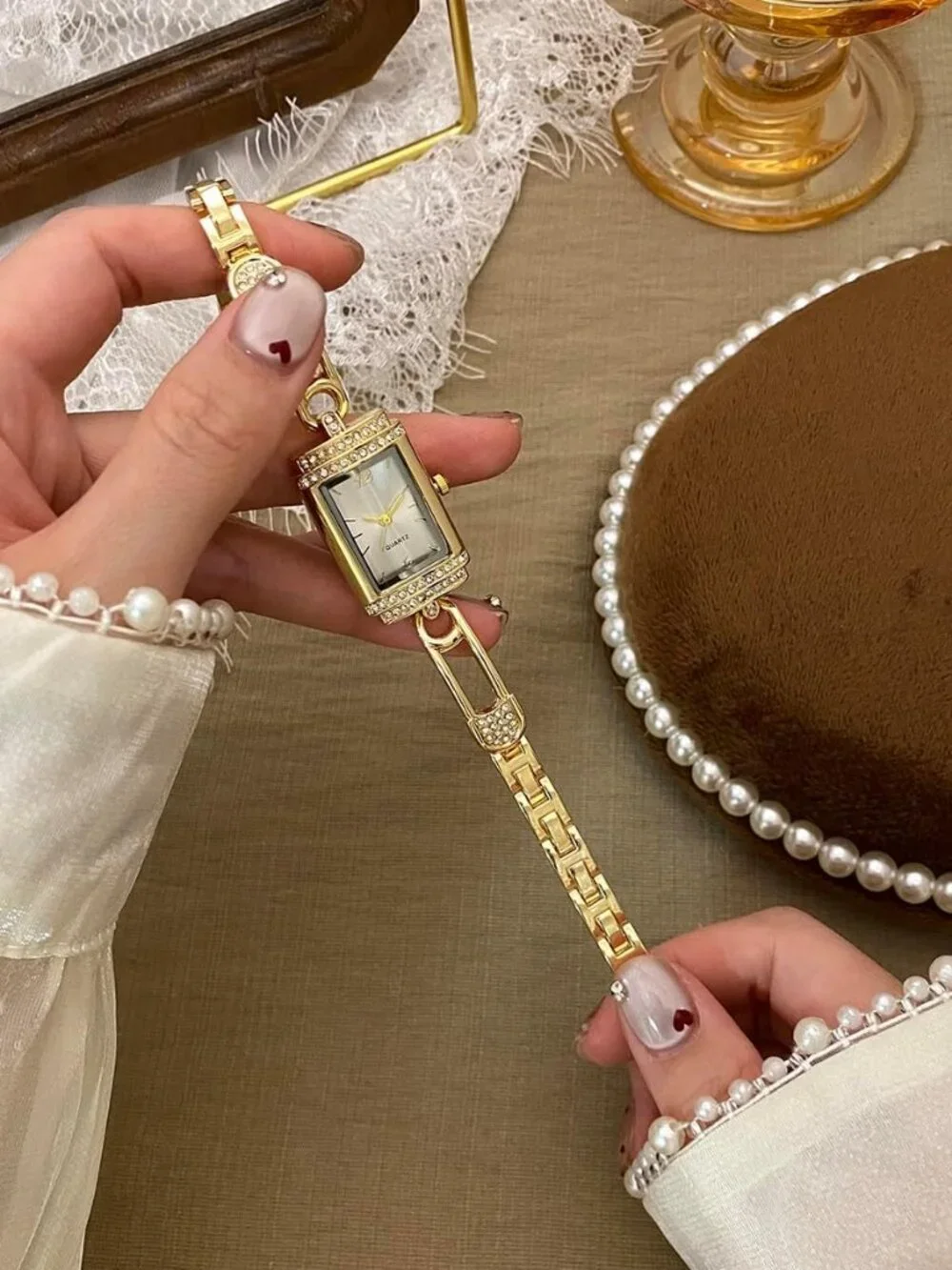 Women's Gold White Vintage Rectangular Bracelet Luxury Crystal Quartz Wristwatch